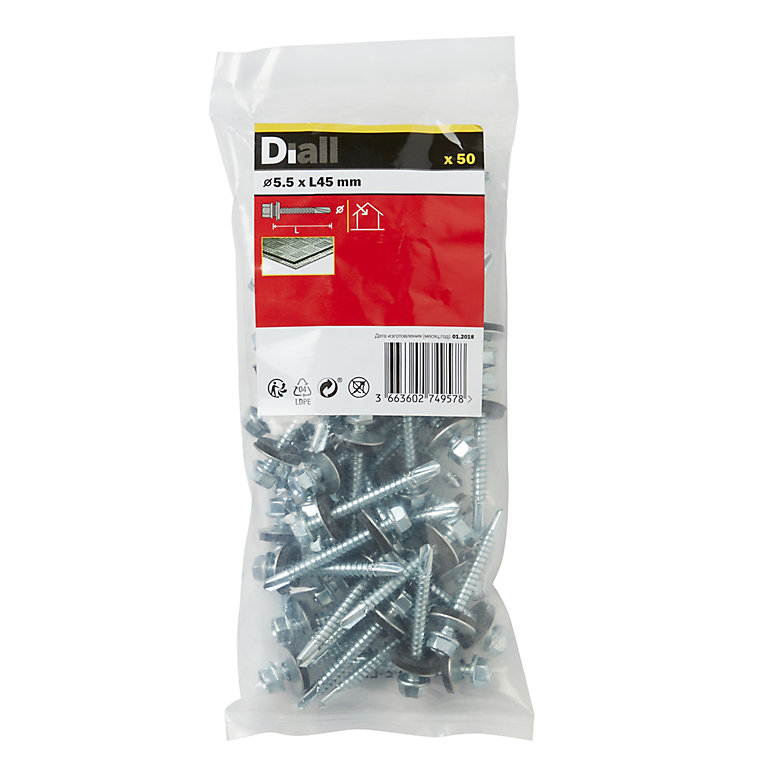 Product image for Diall Hex Zinc-plated Carbon steel Roofing screw (Dia)5.5mm (L)45mm, Pack of 50