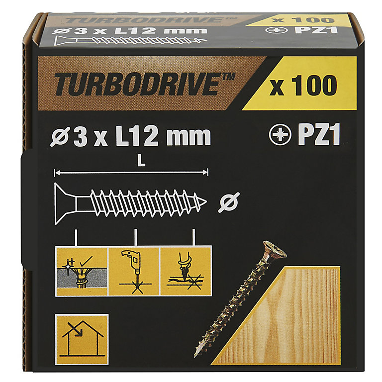 Product image for TurboDrive Pozidriv Yellow-passivated Steel Screw (Dia)3mm (L)12mm, Pack of 100