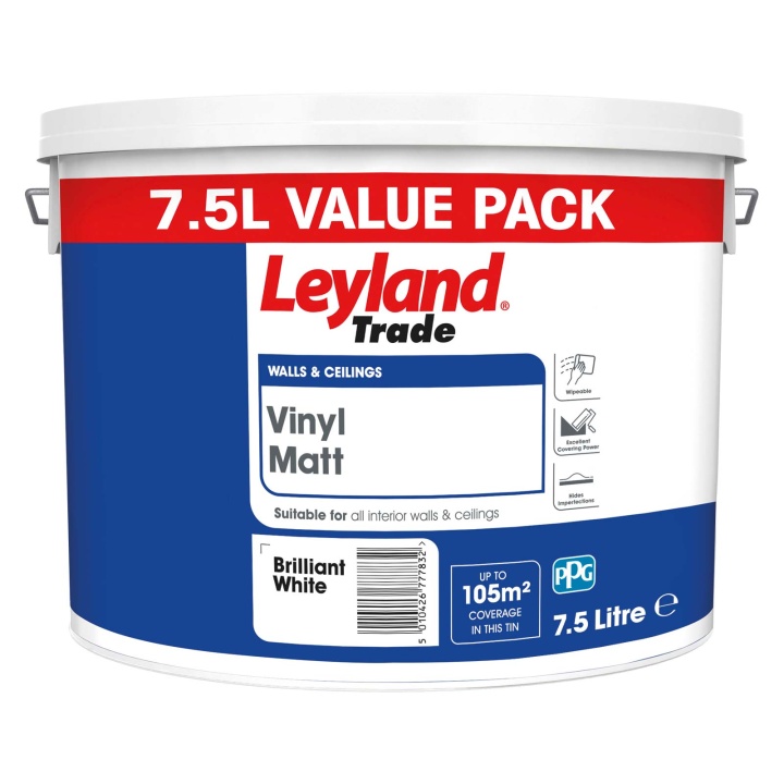 Product image for Leyland Trade Vinyl Matt Emulsion Brilliant White 7.5ltr
