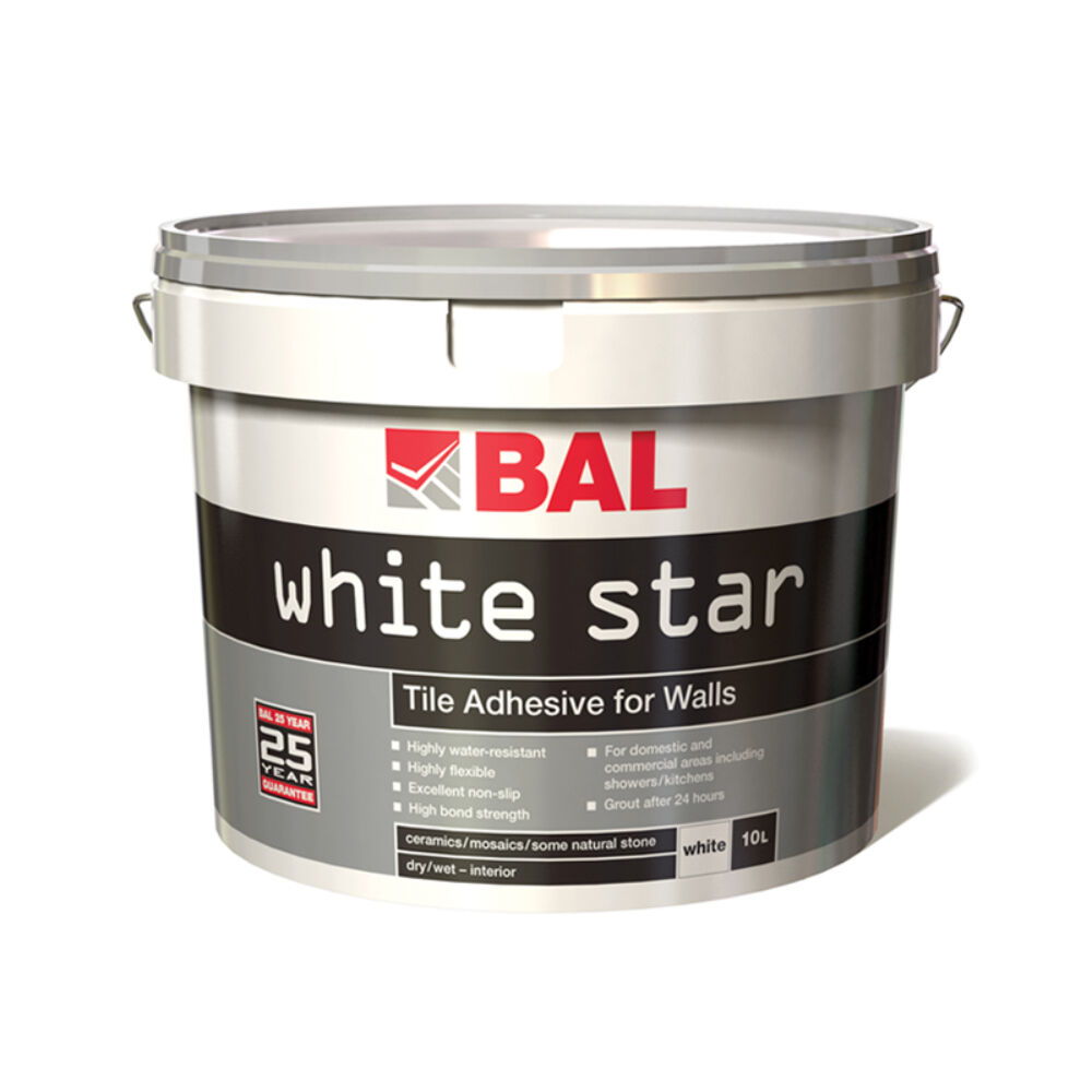 Product image for BAL White Star Plus Highly Flexible Tile Adhesive For Walls White 10ltr
