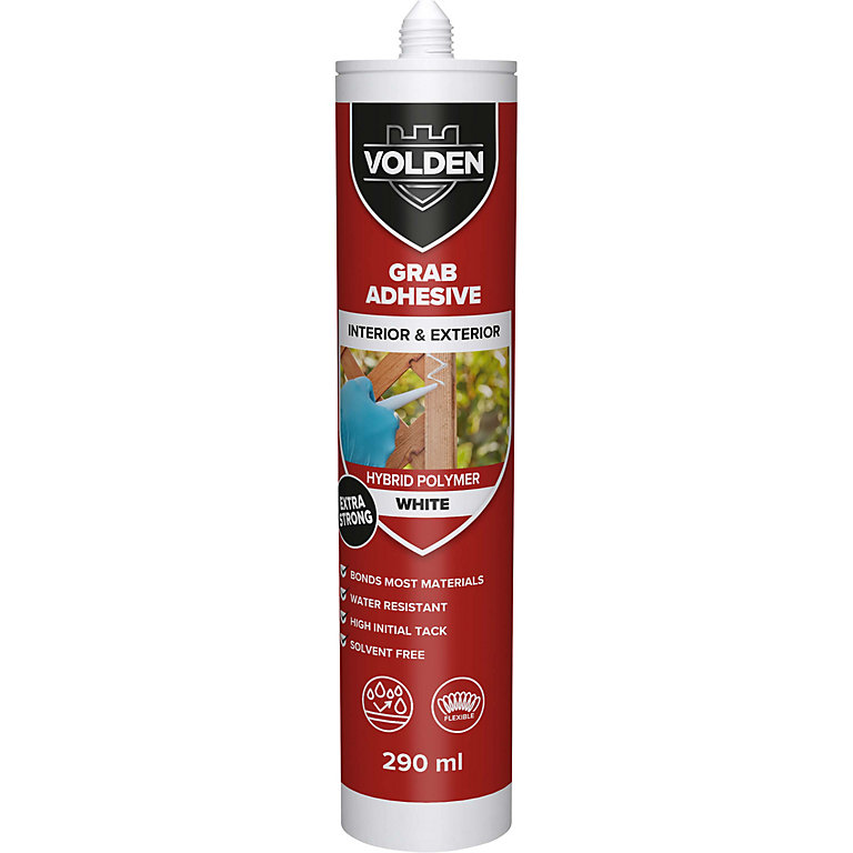 Product image for Volden Hybrid Water resistant Solvent-free White Grab adhesive 290ml 0.49kg