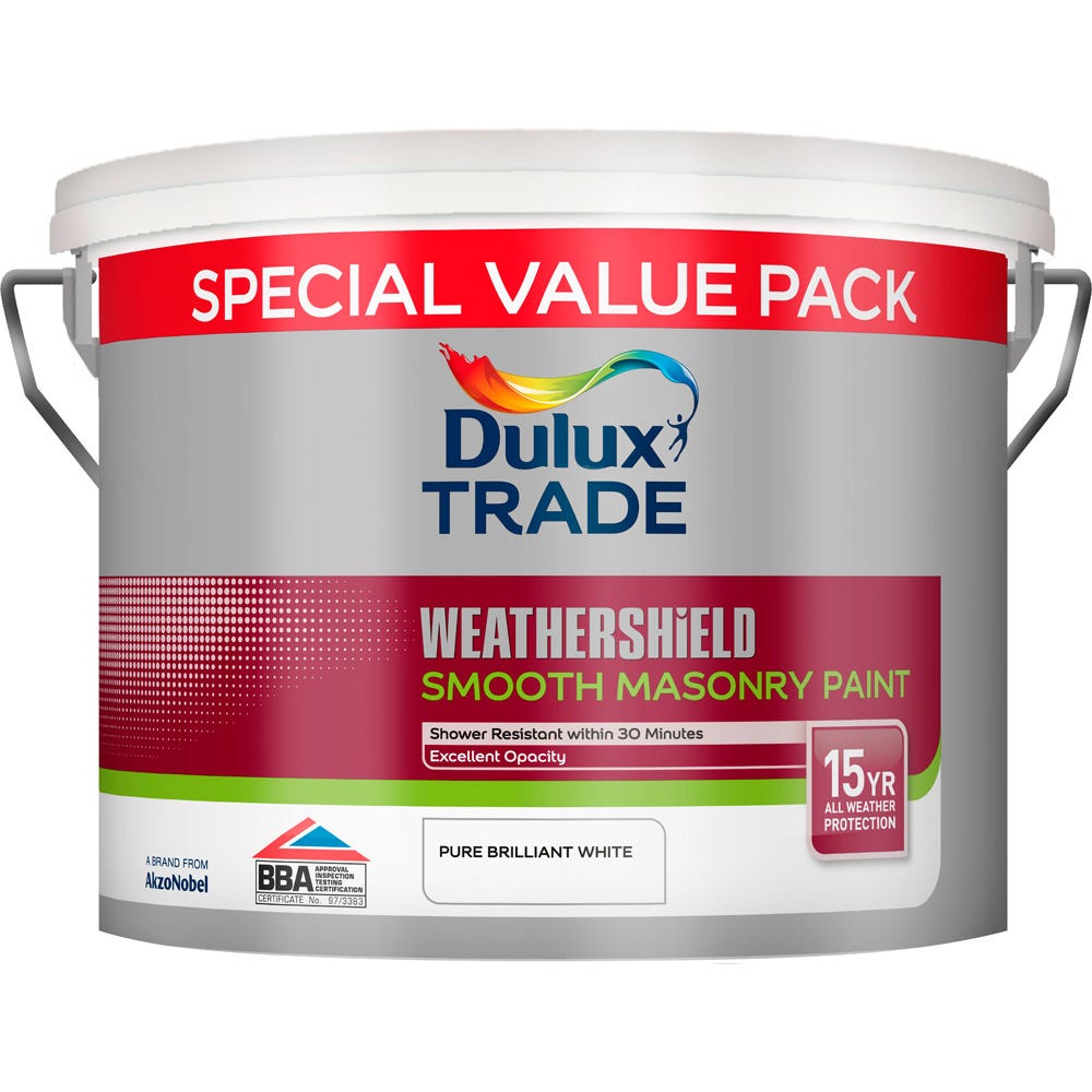 Product image for Dulux Trade Weathershield Smooth Masonry Paint Pure Brilliant White 7.5ltr