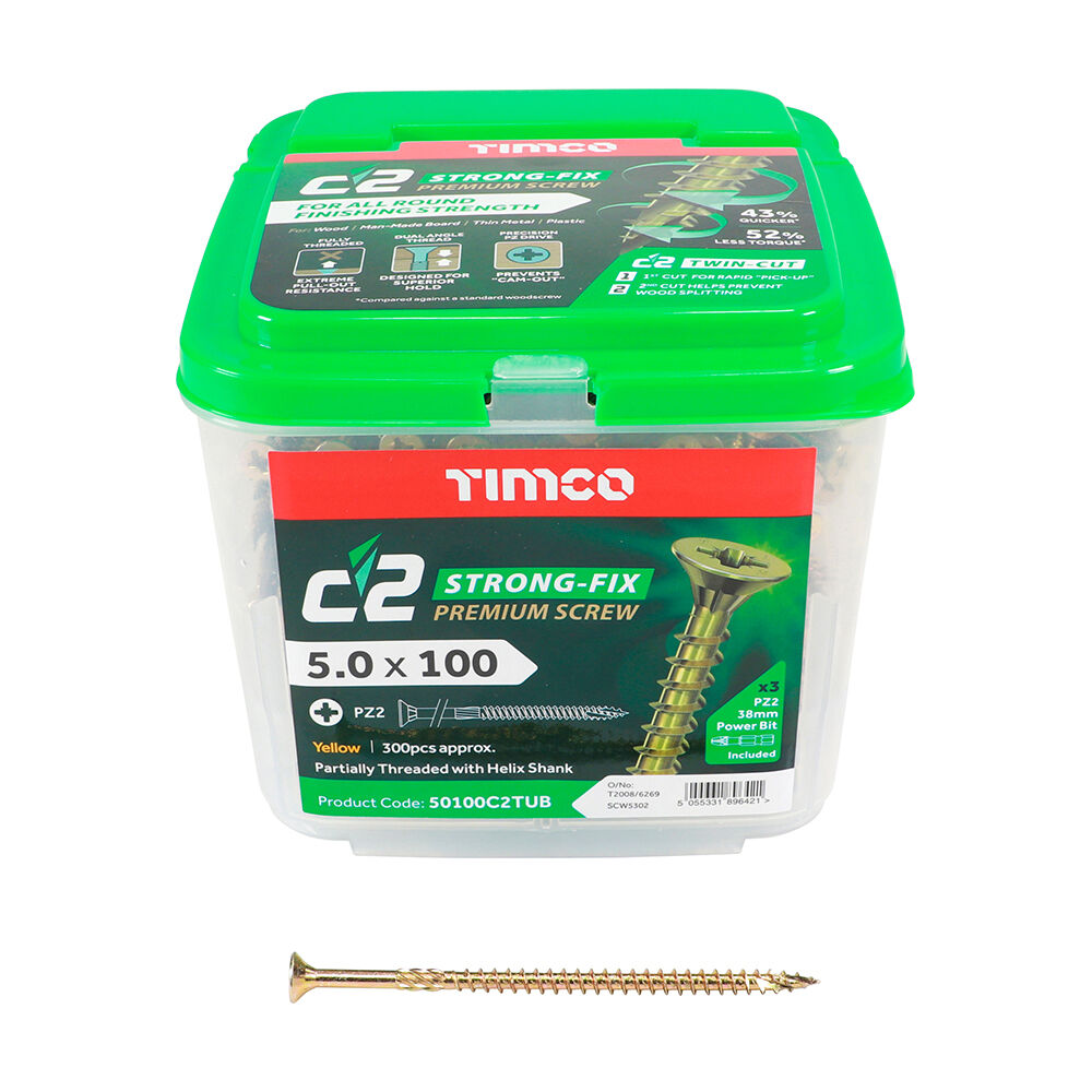 Product image for TIMCO C2 Strong-Fix Premium Multi-Purpose Screws Double Countersunk Yellow 5.0x100mm 300pk