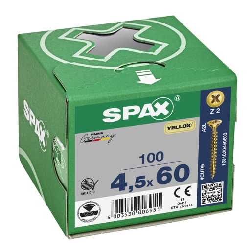 Product image for SPAX PZ Flat Countersunk Screw Yellox Coated 4.5 x 60mm Qty 100