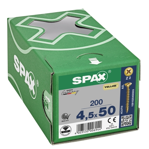 Product image for SPAX PZ Flat Countersunk Screw Yellox Coated 4.5 x 50mm Qty 200