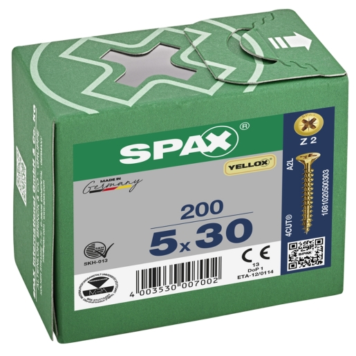 Product image for SPAX PZ Flat Countersunk Screw Yellox Coated 5 x 30mm Qty 200