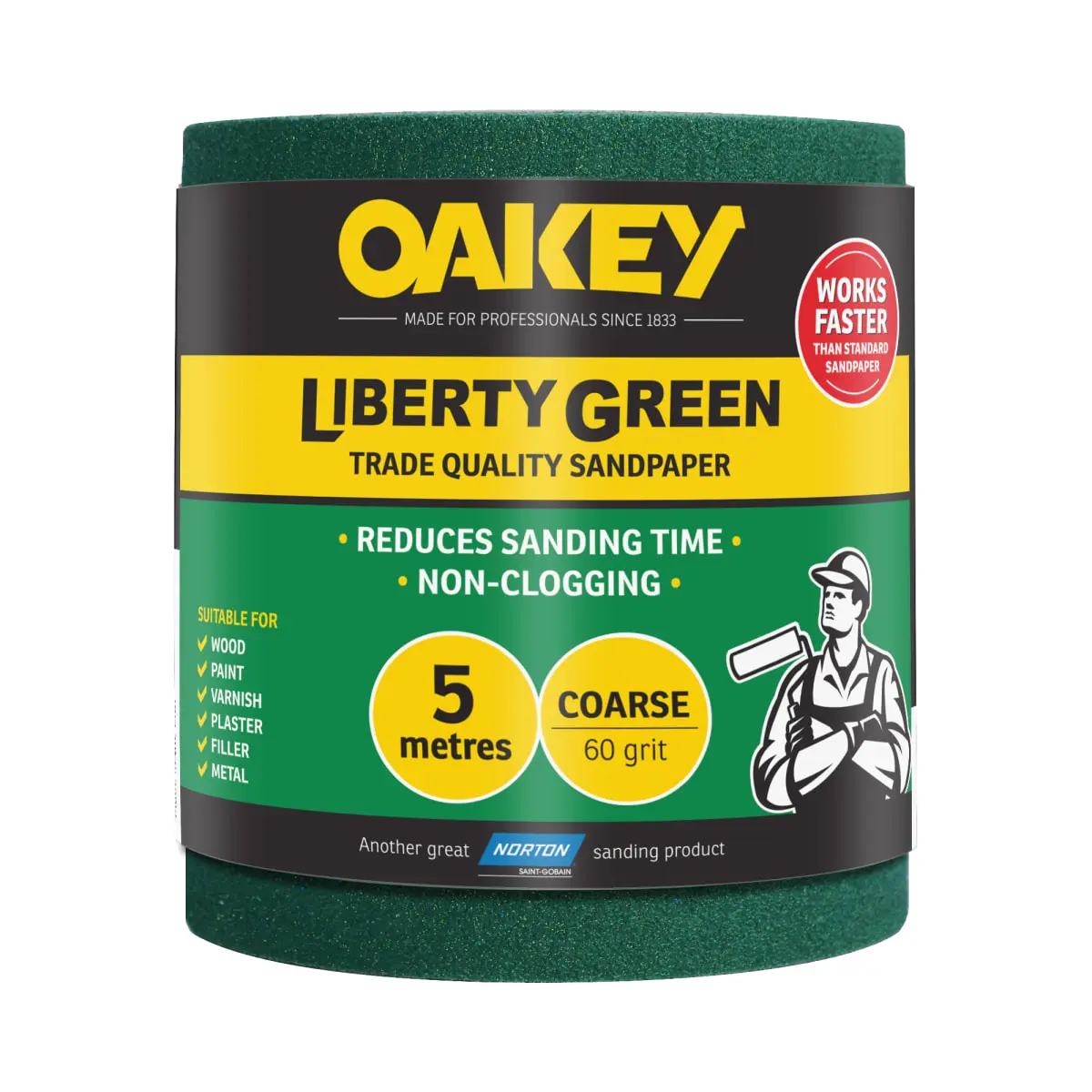 Product image for Oakey Liberty Sandpaper Roll 5m X 115mm Green 60 Grit