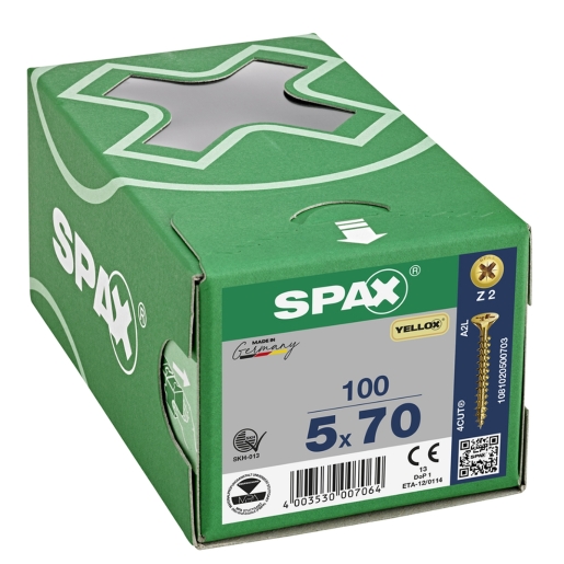 Product image for Spax Pz Countersunk Yellox Screws - 5x70mm Pack Of 100