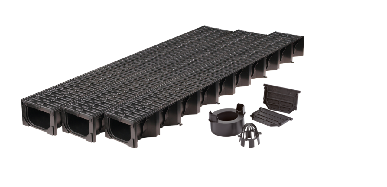 Product image for Hexdrain Garage Pack (complete) 3 X 1M Channels, 2 X Endcaps 1 X Outlet, 1 X Leaf Guard And Instructions
