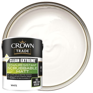 Product image for Crown Trade Clean Extreme Stain Resistant Durable Matt Emulsion Paint - White - 5L