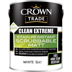 Product image for Crown Trade Clean Extreme Stain Resistant Durable Matt Emulsion Paint - White - 5L
