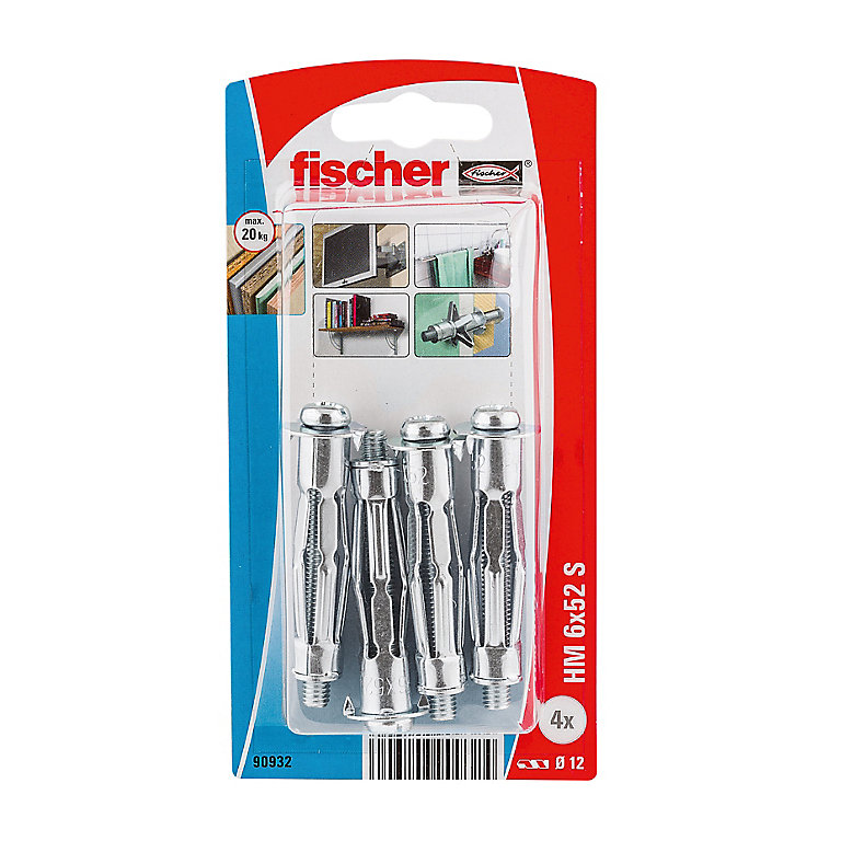 Product image for Fischer Steel Pan head Hollow wall anchor M6 (L)52mm, Pack of 4