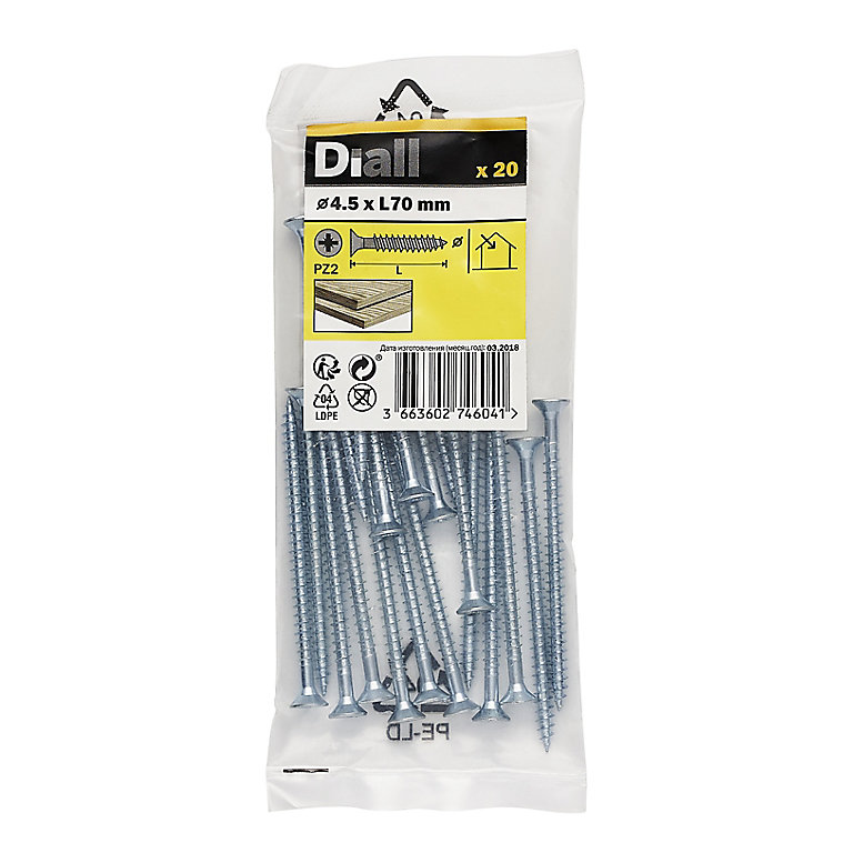 Product image for Diall Zinc-plated Carbon steel Screw (Dia)4.5mm (L)70mm, Pack of 20
