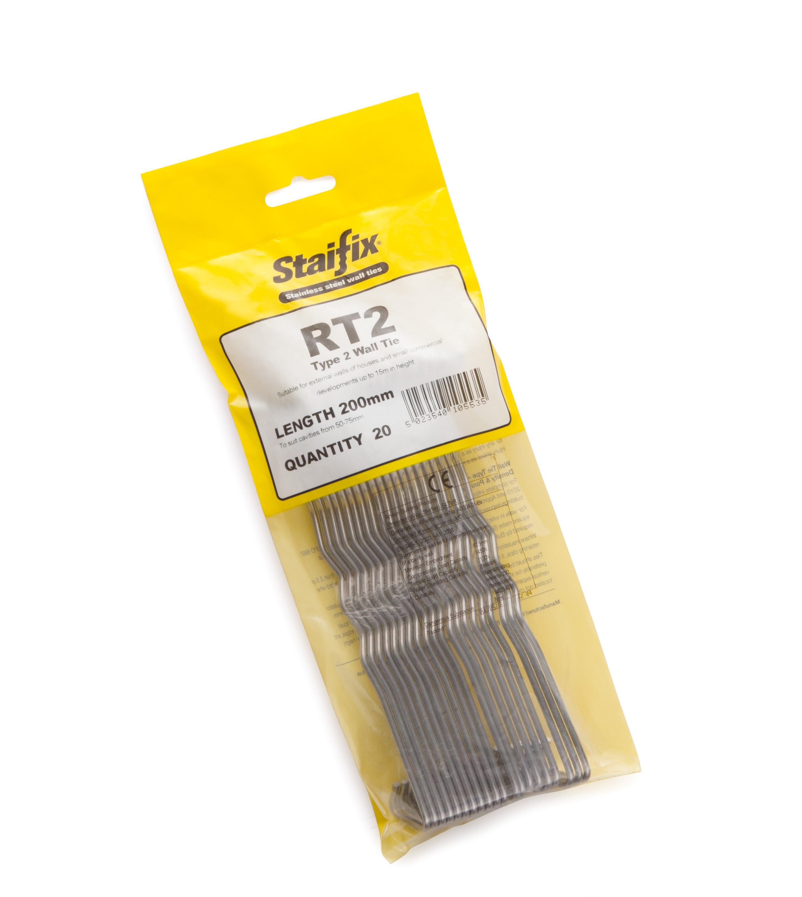 Product image for Staifix RT2 Wall Tie (pt E Type B) 200mm Type 2 General Purpose Tie Length 200mm For Cavities 50-75mm Bag Of 20 Ties