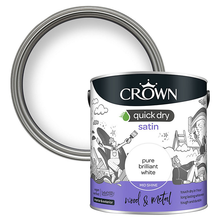 Product image for Crown Quick Dry Pure Brilliant White Satin Metal & wood Paint, 2.5L