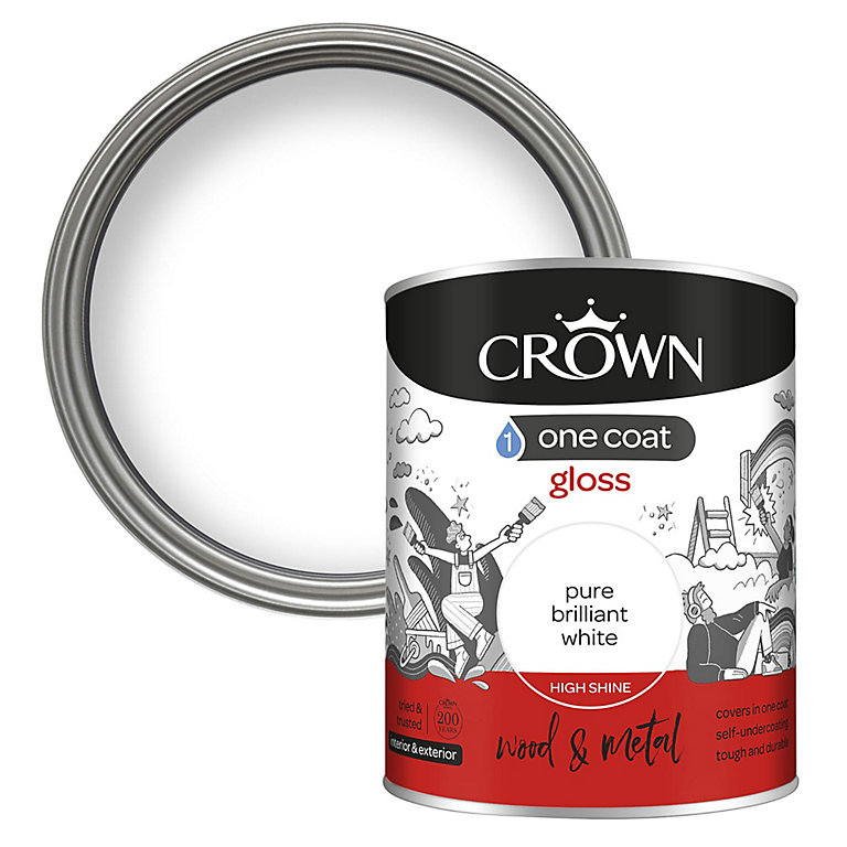 Product image for Crown One Coat Pure Brilliant White Gloss Metal & wood Paint, 750ml