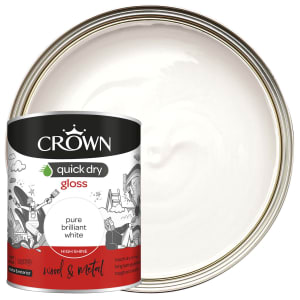 Product image for Crown Quick Dry Pure Brilliant White Gloss Metal & wood Paint, 750ml