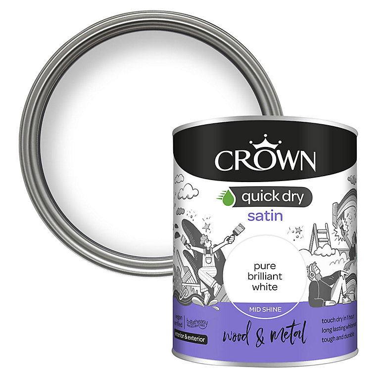 Product image for Crown Quick Dry Pure Brilliant White Satin Metal & wood Paint, 750ml