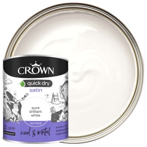 Product image for Crown Quick Dry Pure Brilliant White Satin Metal & wood Paint, 750ml