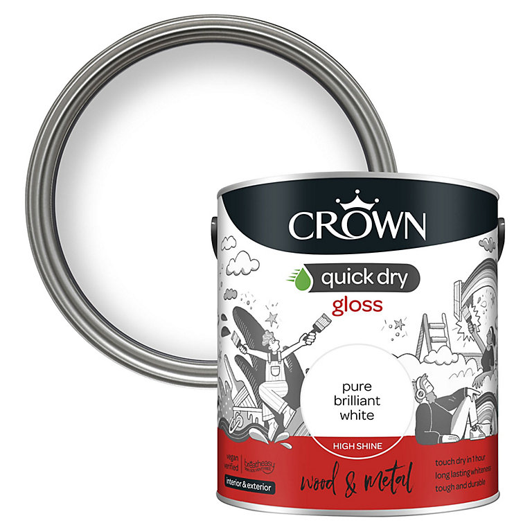Product image for Crown Quick Dry Pure Brilliant White Gloss Metal & wood Paint, 2.5L