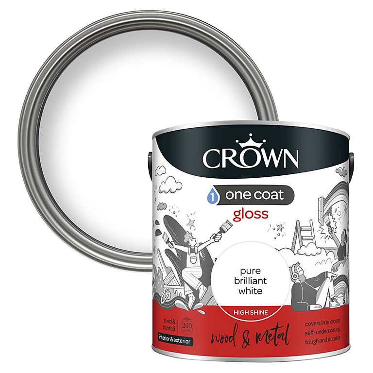 Product image for Crown One Coat Pure Brilliant White Gloss Metal & wood Paint, 2.5L