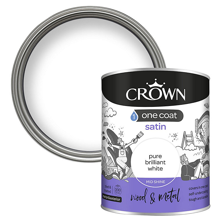 Product image for Crown One Coat Pure Brilliant White Satin Metal & wood Paint, 750ml