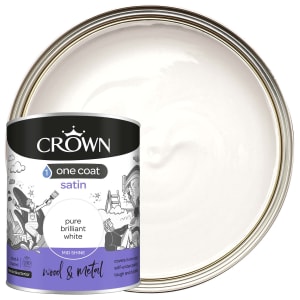 Product image for Crown One Coat Pure Brilliant White Satin Metal & wood Paint, 750ml