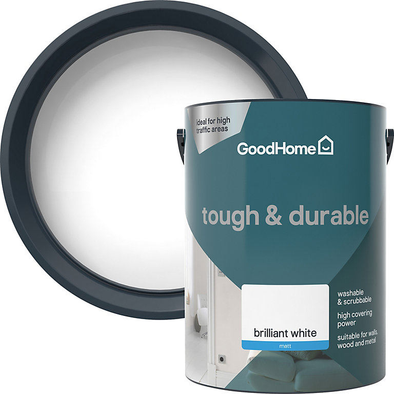 Image of GoodHome Tough & Durable Brilliant white Matt Wall & ceiling Emulsion paint, 5L