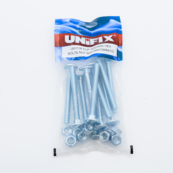 Product image for OJ Unifix Cup Square Hex Bolt& Nut BZP M8x75mm(10)