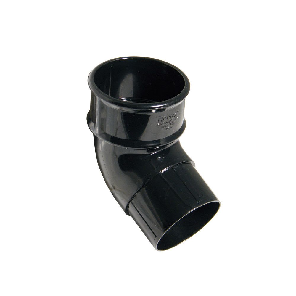 Product image for FloPlast Plastic Guttering 68mm Black Round Downpipe 112.5dg Offset Bend