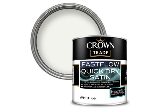 Product image for Crown Trade Fastflow Quick Dry Satin Paint White 1L