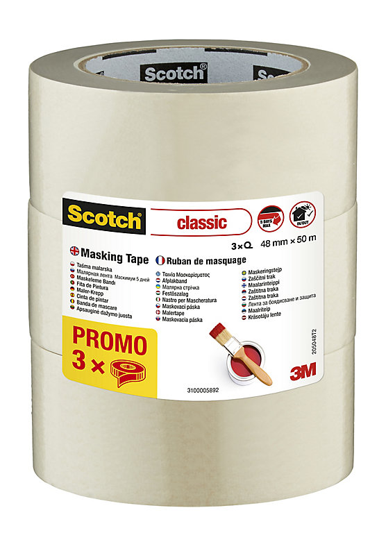 Image of Scotch Beige Masking Tape (L)50m (W)48mm, Pack of 3