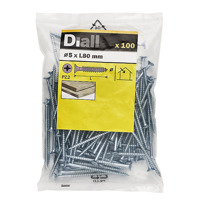 Product image for Diall Double-countersunk Zinc-plated Carbon steel Screw (Dia)5mm (L)80mm, Pack of 100