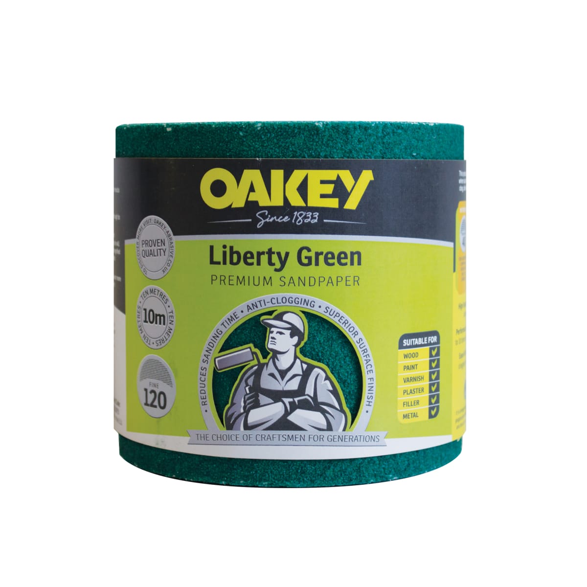 Product image for Oakey Liberty Green Sandpaper Roll 115 X 10m 120 Grit