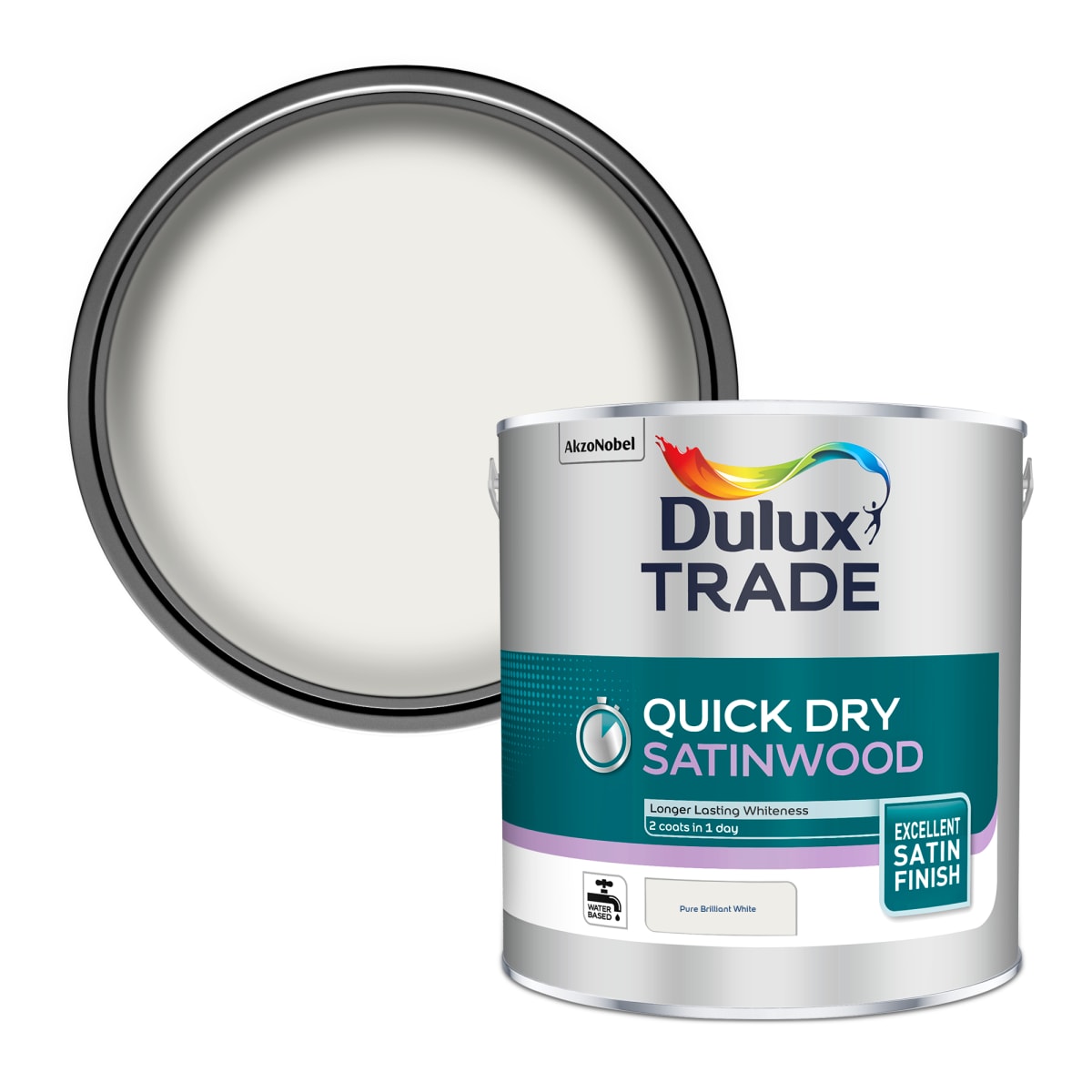 Product image for Dulux Trade Quick Dry Satinwood Paint 2.5L Pure Brilliant White