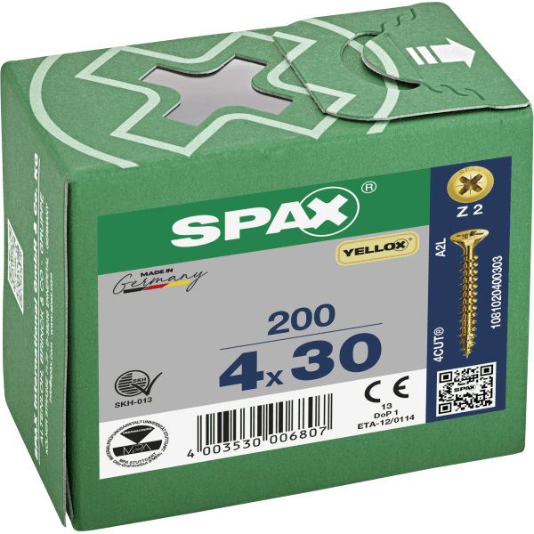 Product image for SPAX YELLOX Countersunk Pozi Drive Screws 4.0 X 30mm Box Of 200