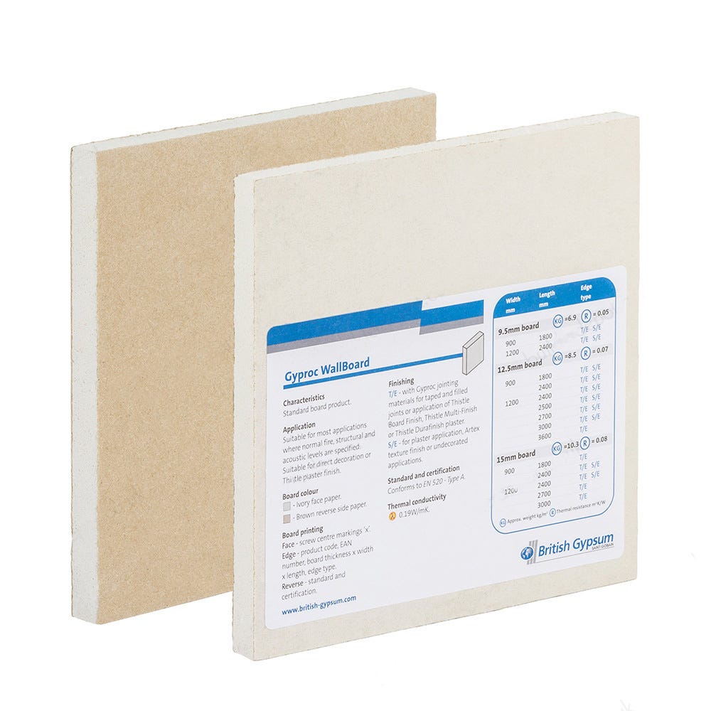 Product image for 9.5mm British Gypsum Gyproc WallBoard Plasterboard Square Edge 2400mm x 1200mm (8' x 4')