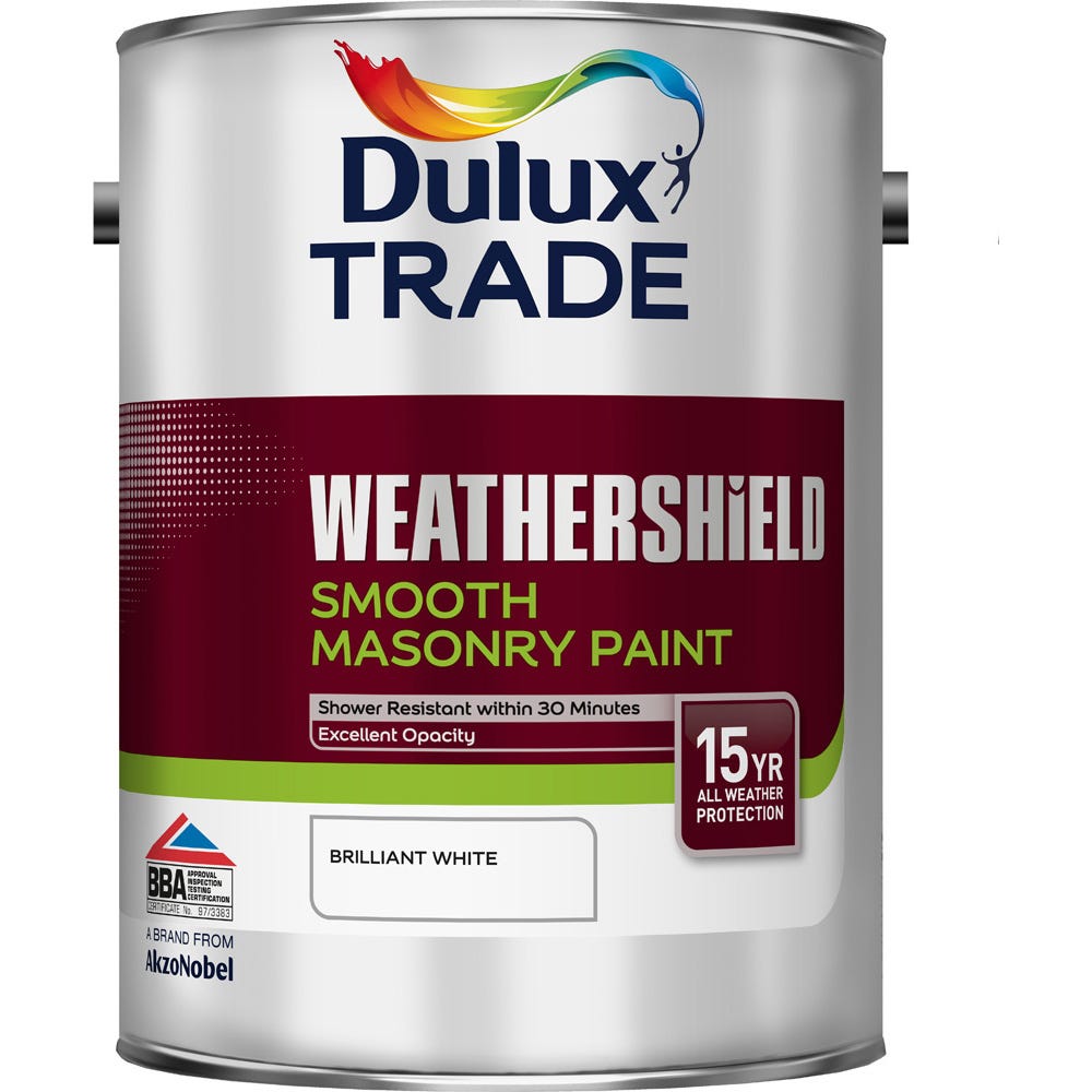 Product image for Dulux Trade Weathershield Smooth Masonry Paint Pure Brilliant White 5L
