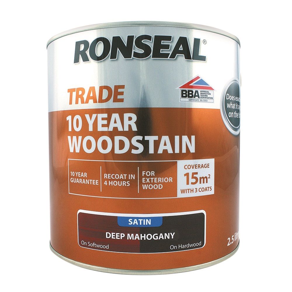 Image of Ronseal Trade 10 Year Woodstain Satin Deep Mahogany 2.5ltr