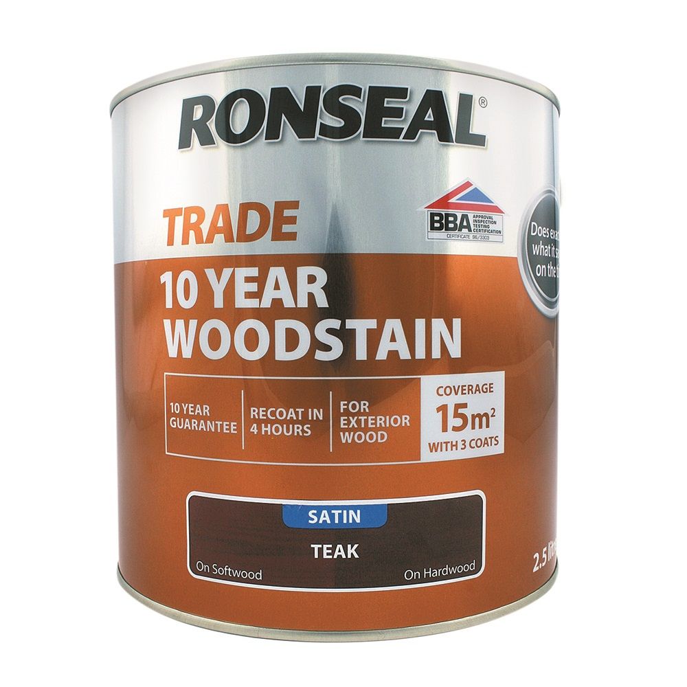 Image of Ronseal Trade 10 Year Woodstain Satin Teak 2.5ltr