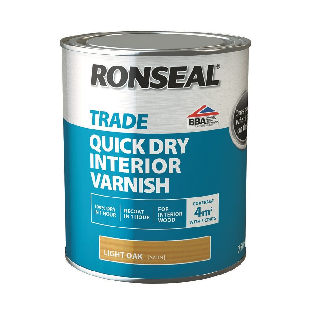 Image of Ronseal Trade Quick Dry Interior Varnish Satin Light Oak 750ml
