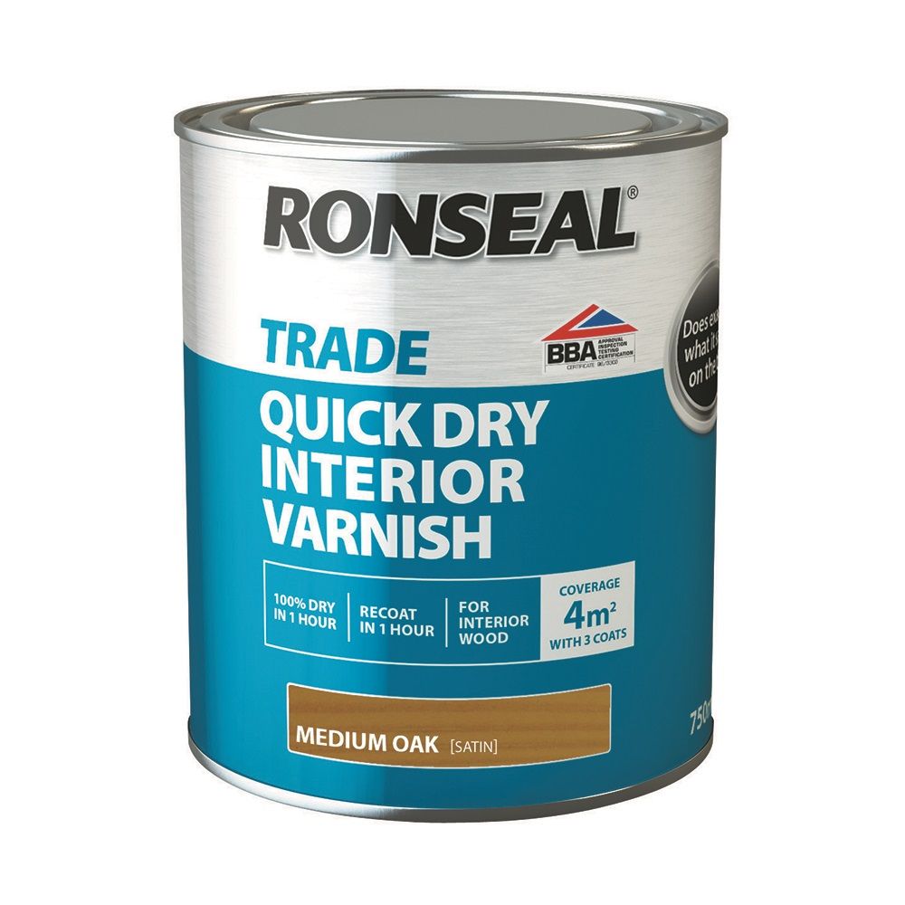 Product image for Ronseal Trade Quick Dry Interior Varnish Satin Medium Oak 750ml