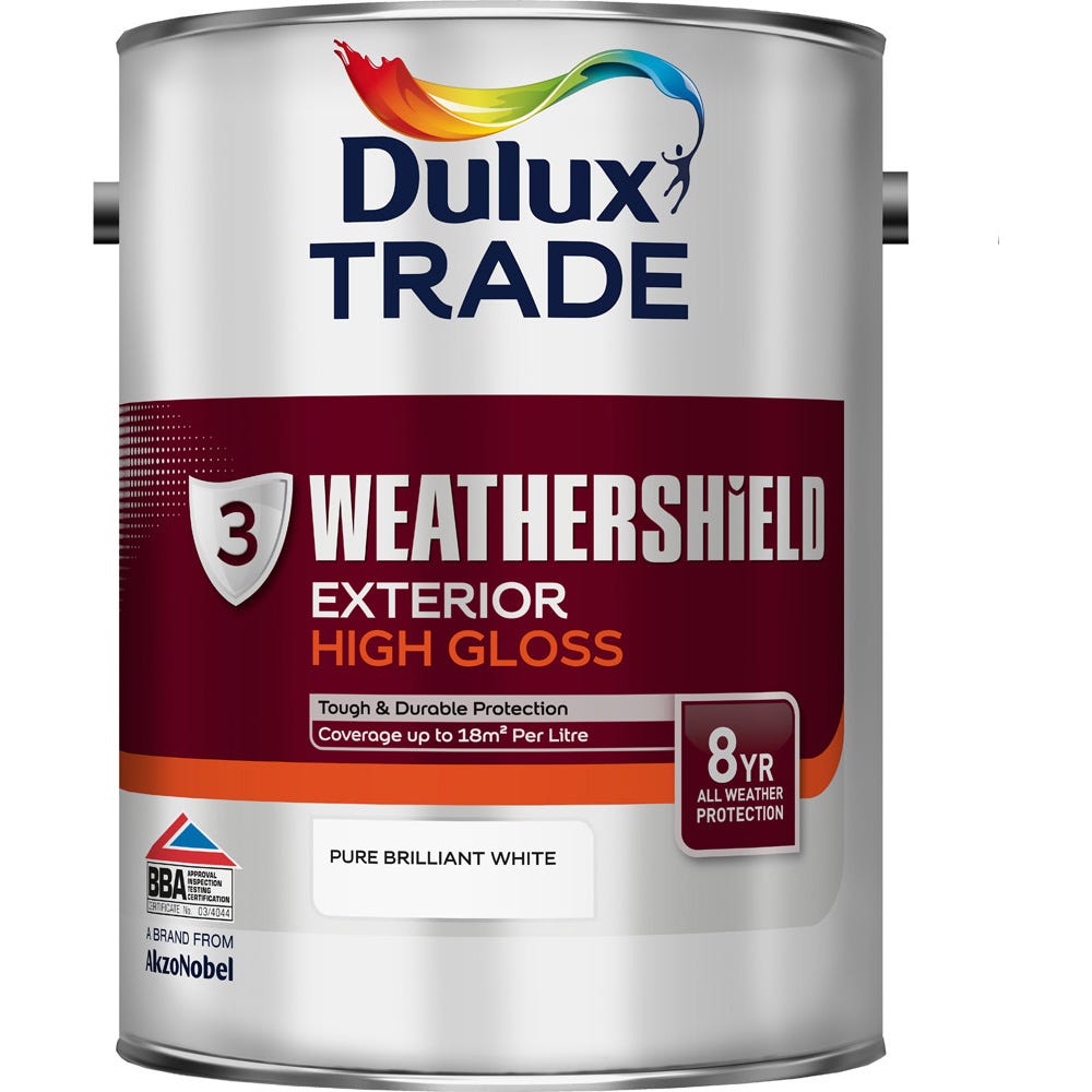Product image for Dulux Trade Weathershield High Gloss Exterior Paint Pure Brilliant White 5l