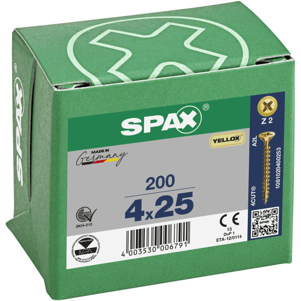 Product image for SPAX YELLOX Countersunk Pozi Drive Screws 4.0 X 25mm Box Of 200