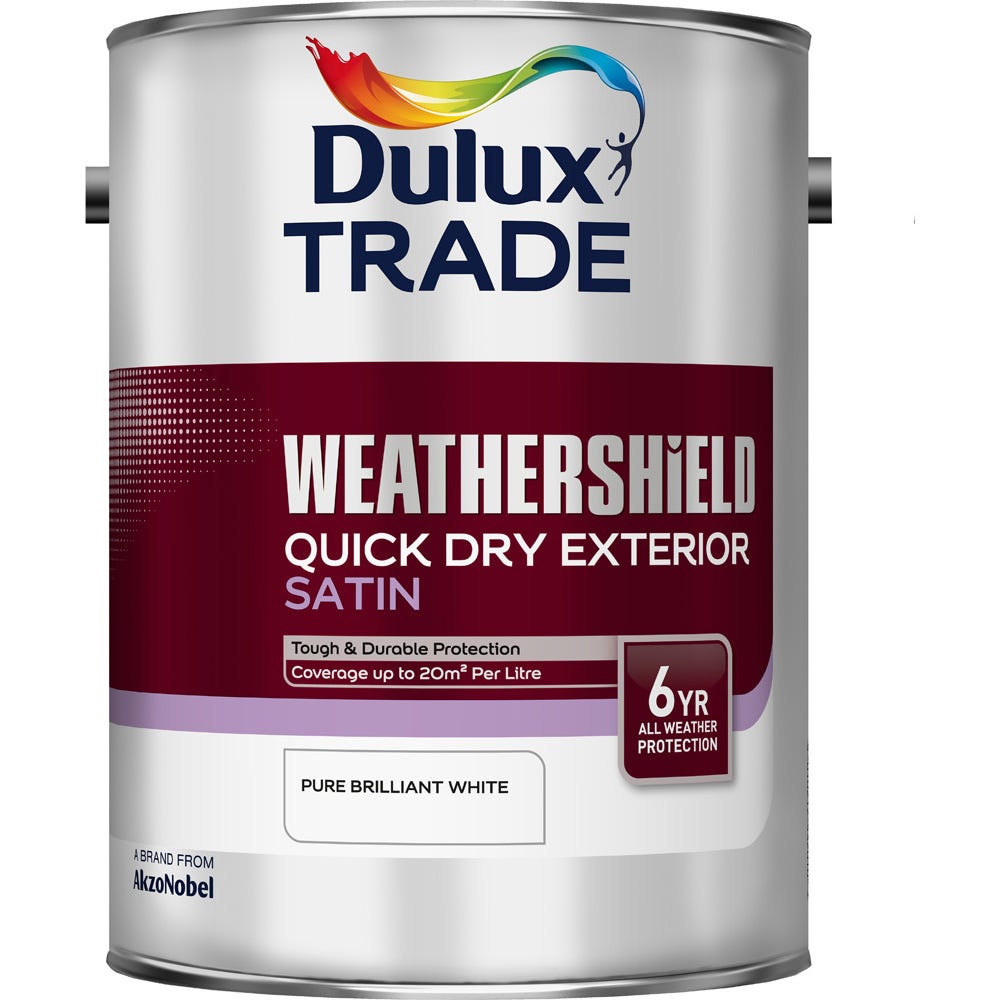 Product image for Dulux Trade Weathershield Quick Dry Exterior Satin Paint Pure Brilliant White 5ltr