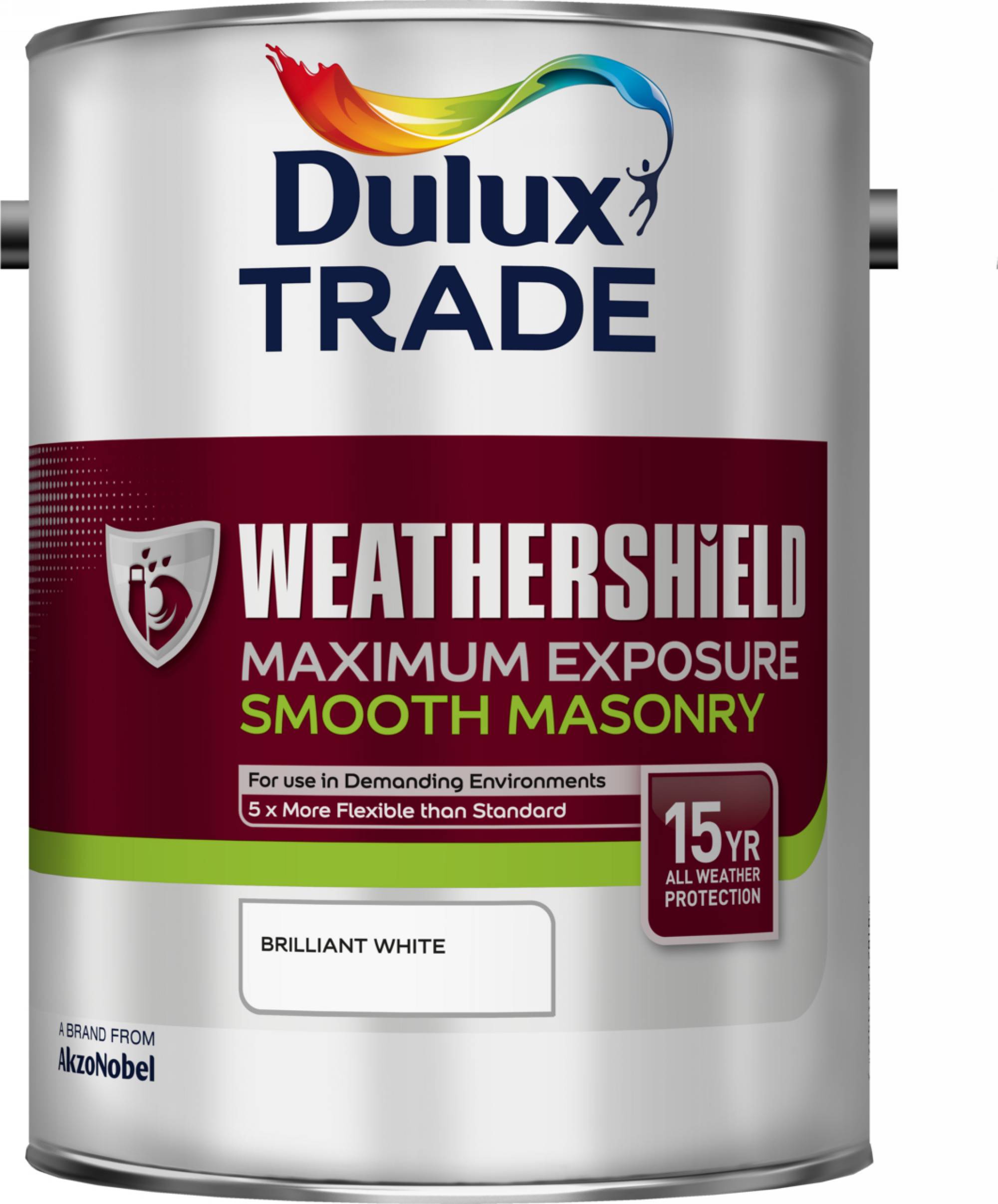 Product image for Dulux Trade Weathershield Maximum Exposure Smooth Masonry Paint Pure Brilliant White 5ltr
