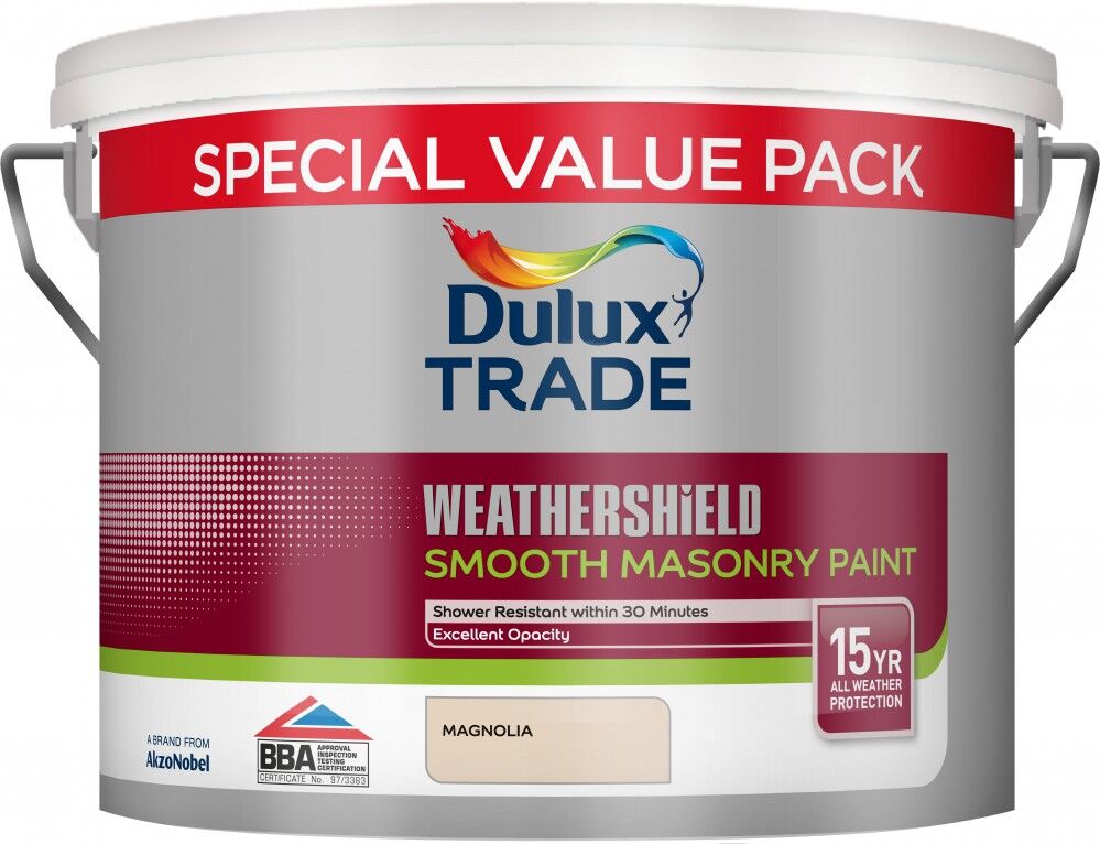 Product image for Dulux Trade Weathershield Smooth Masonry Paint Magnolia 7.5ltr