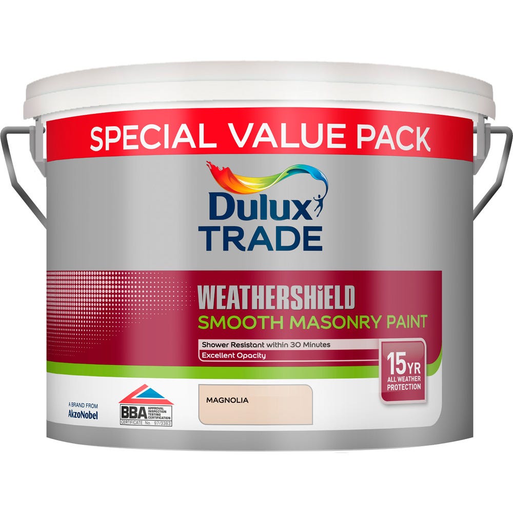 Product image for Dulux Trade Weathershield Smooth Masonry Paint Magnolia 7.5ltr