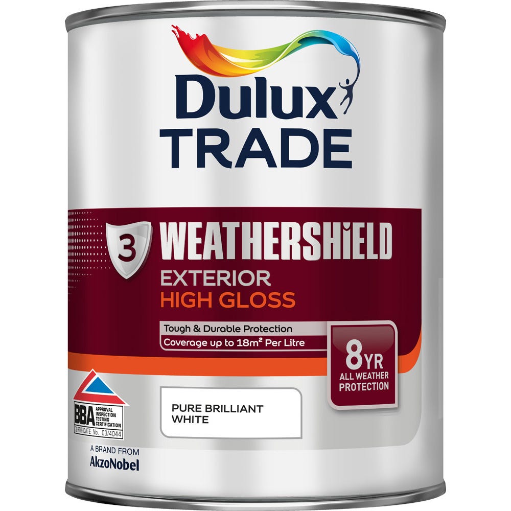 Product image for Dulux Trade Weathershield Exterior High Gloss Paint Pure Brilliant White 1ltr