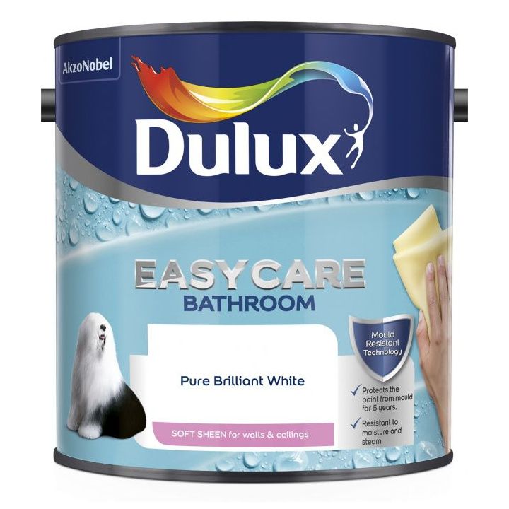 Product image for Dulux Easycare Bathroom Soft Sheen Paint Pure Brilliant White 2.5ltr